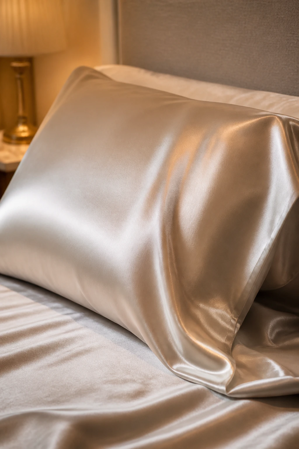 Close-up of a silk pillowcase on a bed in a softly lit bedroom