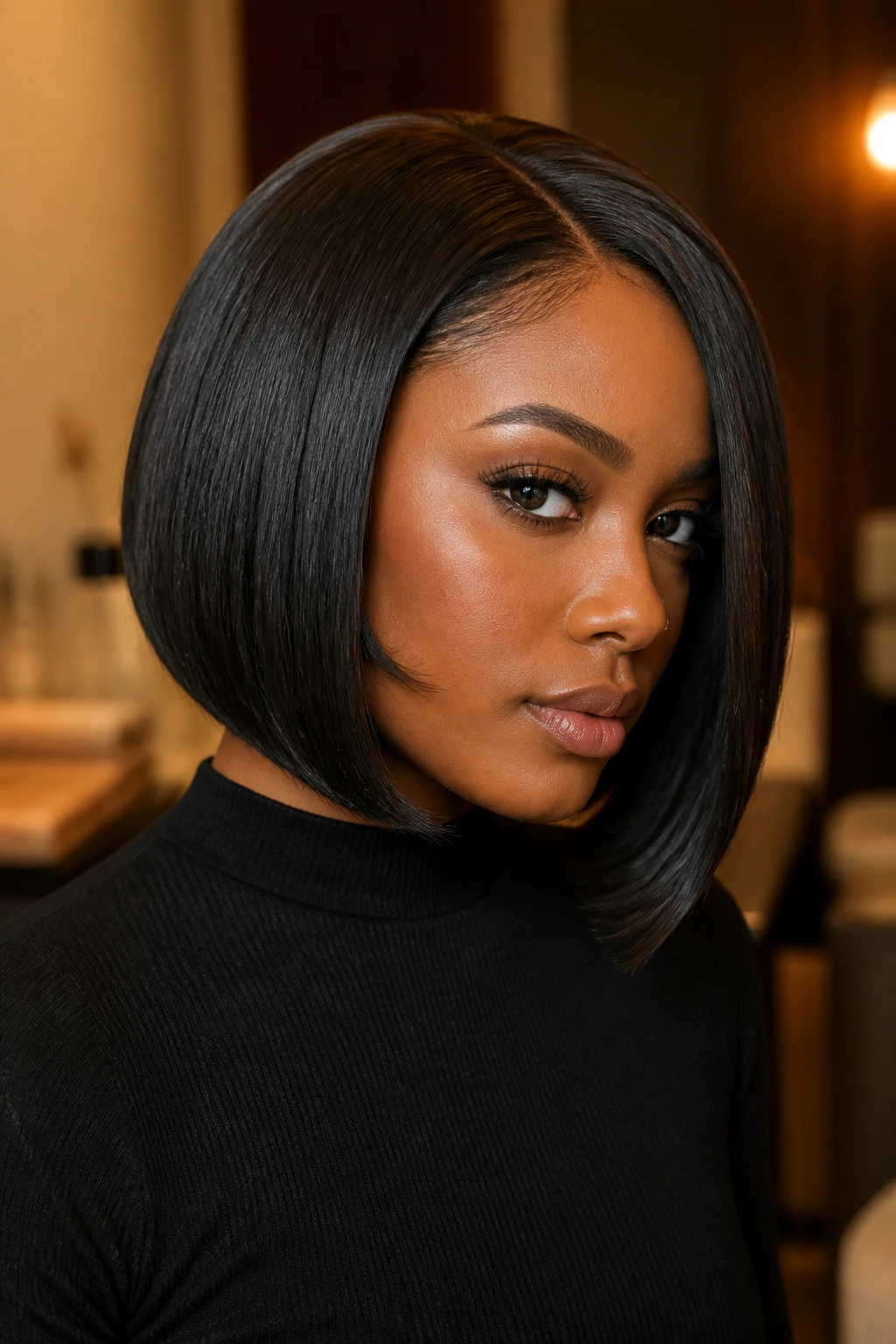 Real woman with silk pressed angled bob showing crisp line and smooth ends