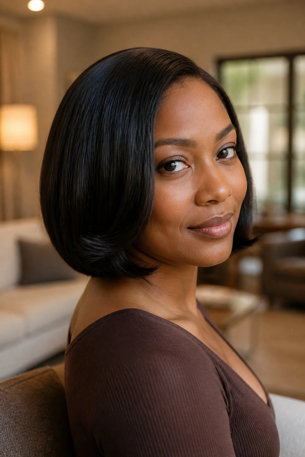 Close-up portrait of a real Black woman with a silk-press bob and curved ends, warm window light