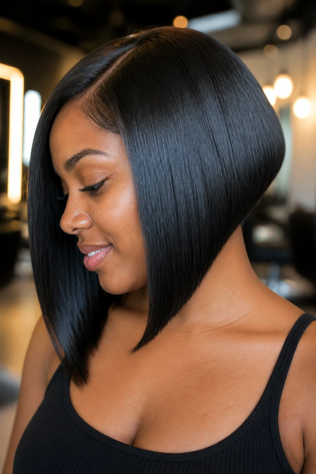 Close-up portrait of a real Black woman with a glossy silk-press angled bob