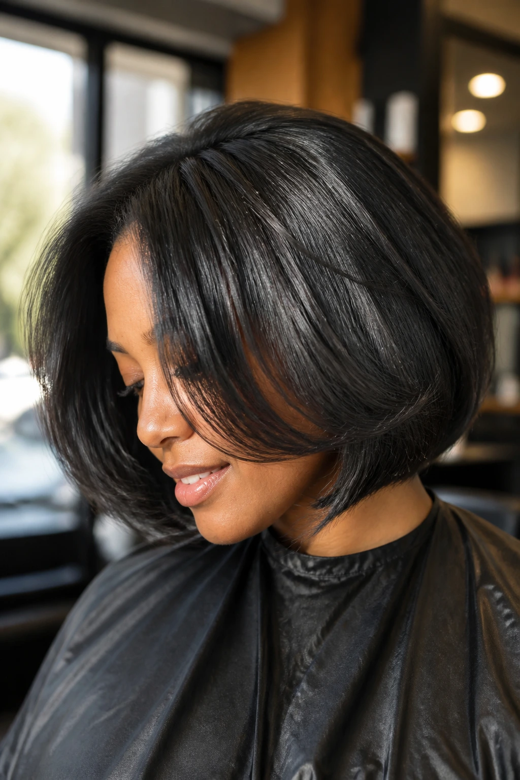 Close-up of a real woman with a glossy Silk-Press Bob With Soft Bends.