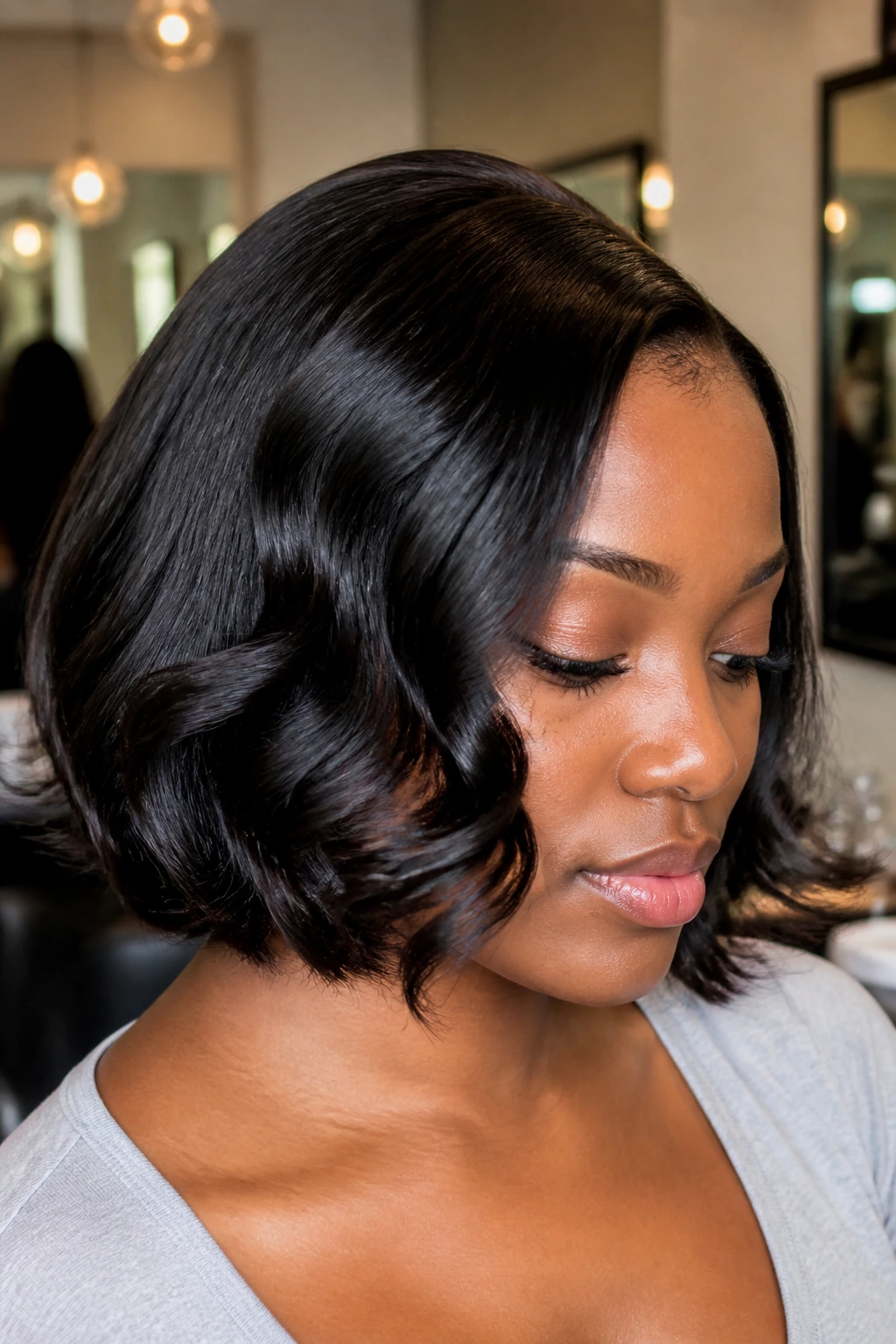Close-up of a Black woman with silk-pressed bob and wand waves