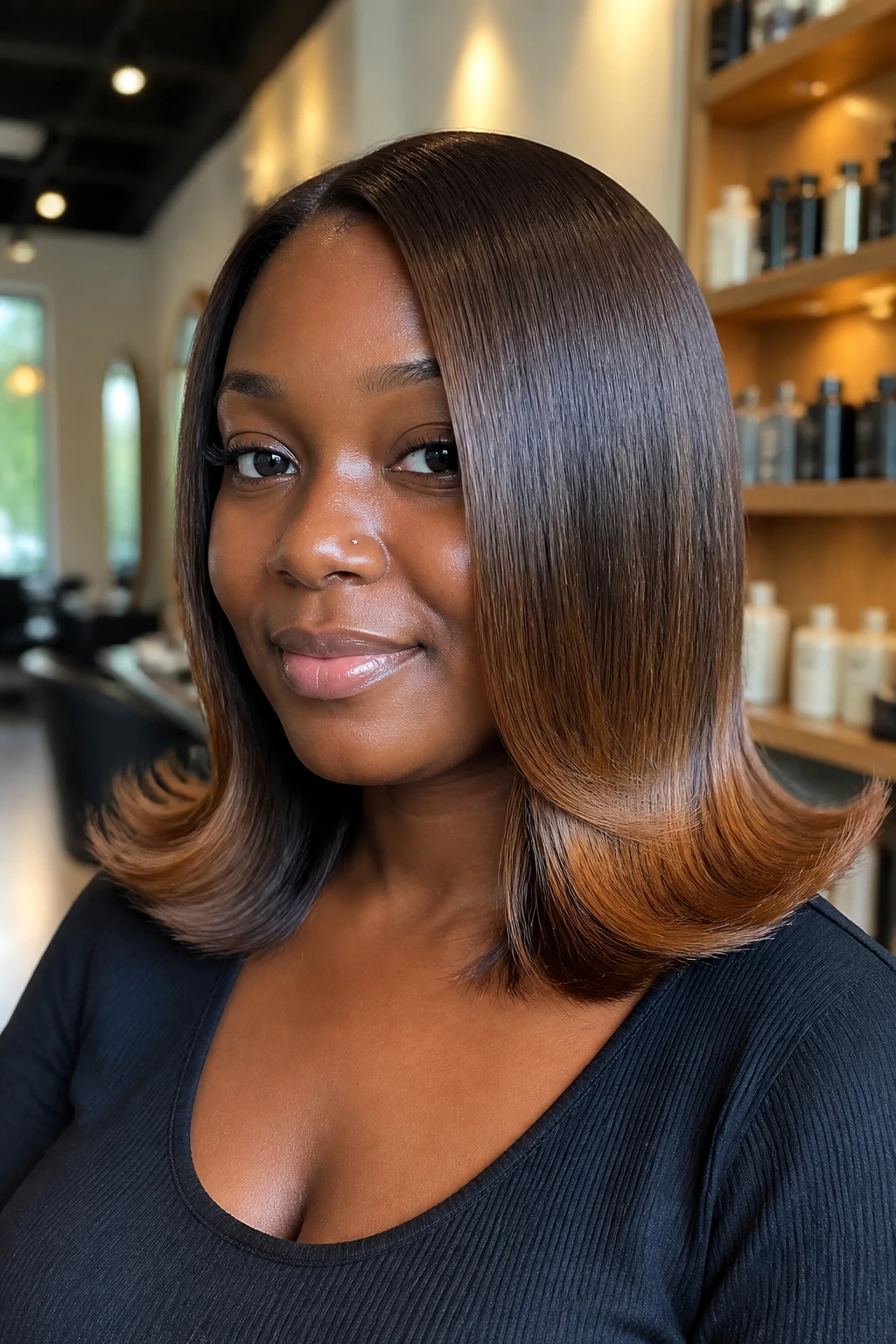 Silk pressed hairstyle with caramel flip-out ends on deep skin.