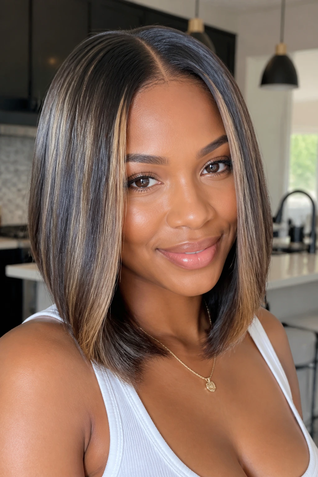 Close-up of a real Black woman with center-part silk-pressed lob and beige babylights.