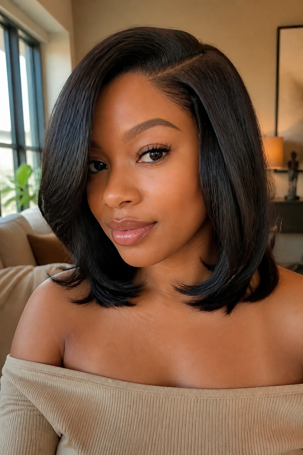 Close-up of a real Black woman with collarbone-length silk-pressed hair and soft layers.