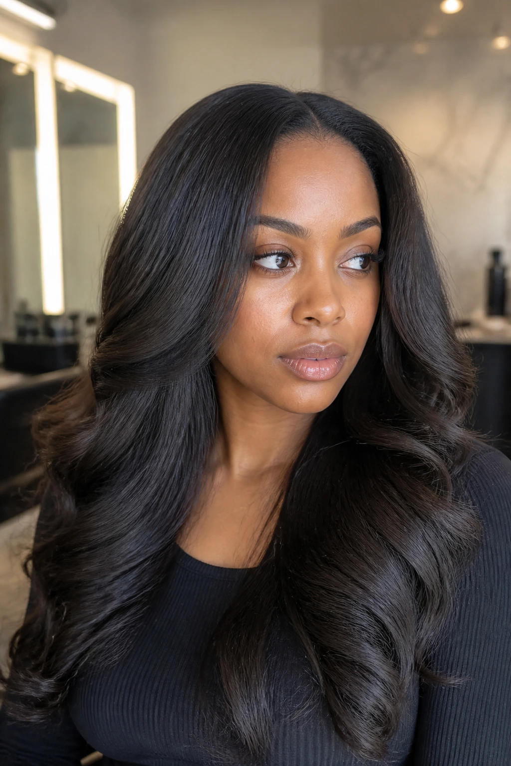 Close-up of a real woman with long hair in silk press loose bends.
