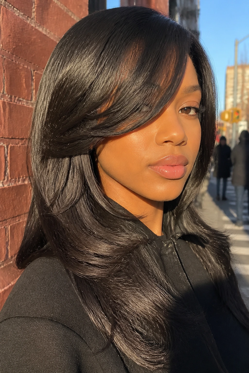 Close-up real woman layered silk-press long side bangs in sunlit street