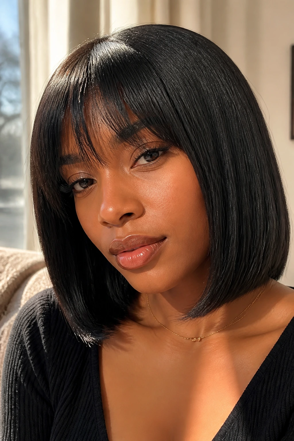 Close-up of a real woman with a silk-pressed lob and razored bangs in natural window light