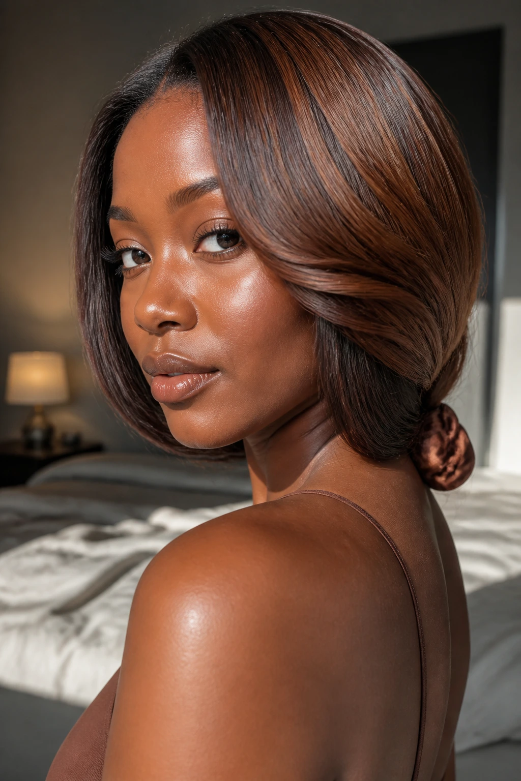 Close-up of deep-skinned woman with glossy silk-pressed hair in a warm bedroom setting