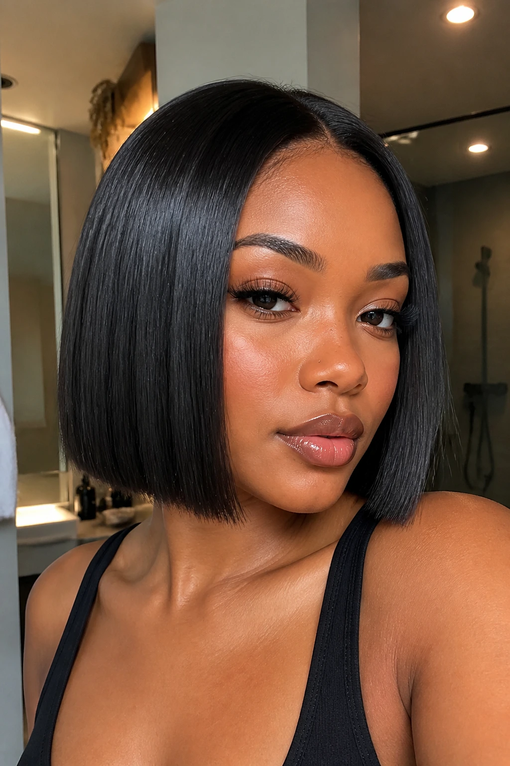 Close-up portrait of a real woman with a silk-press sleek bob and blunt edge.