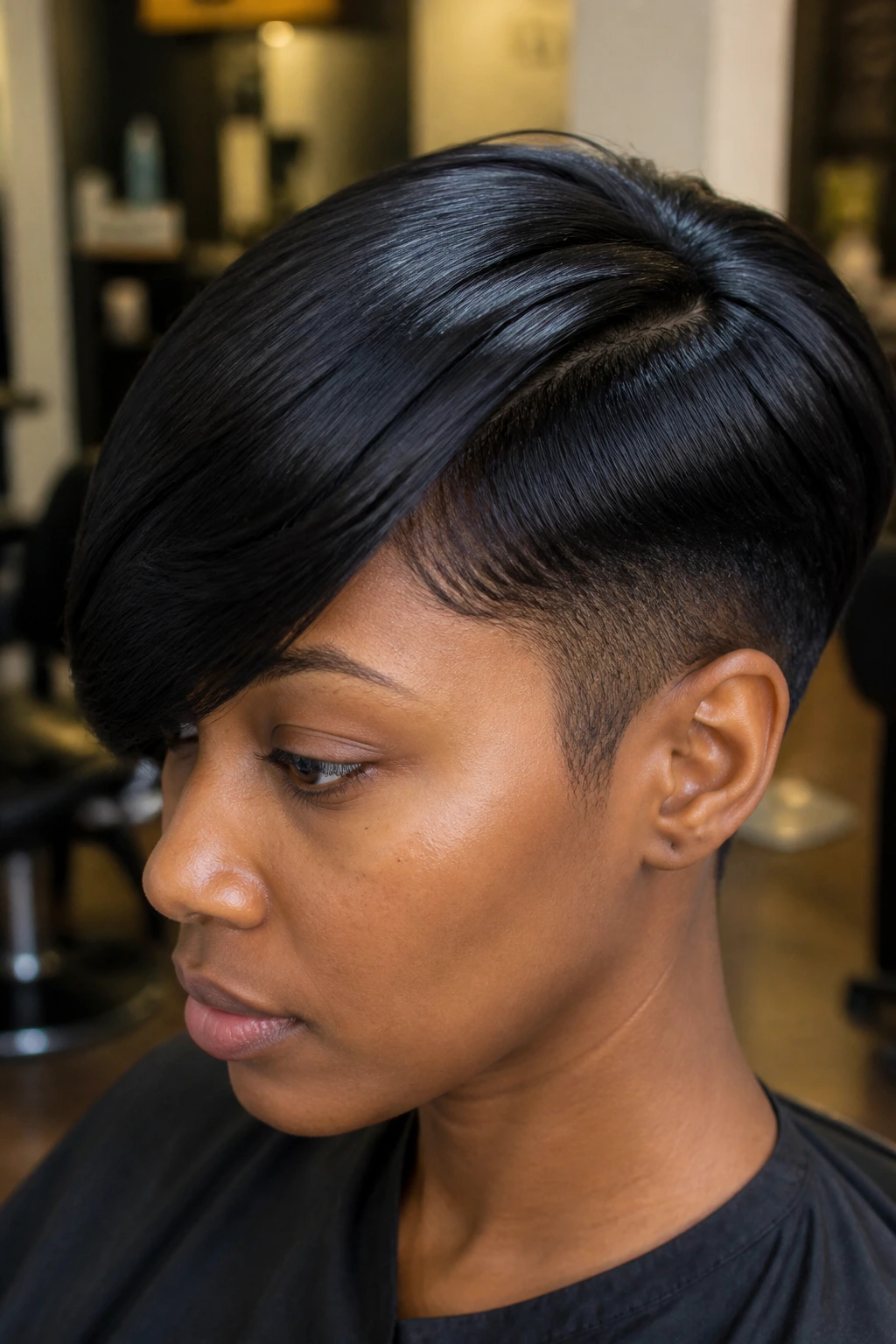 Close-up portrait of a Black woman with a sleek silk-press two-block hairstyle