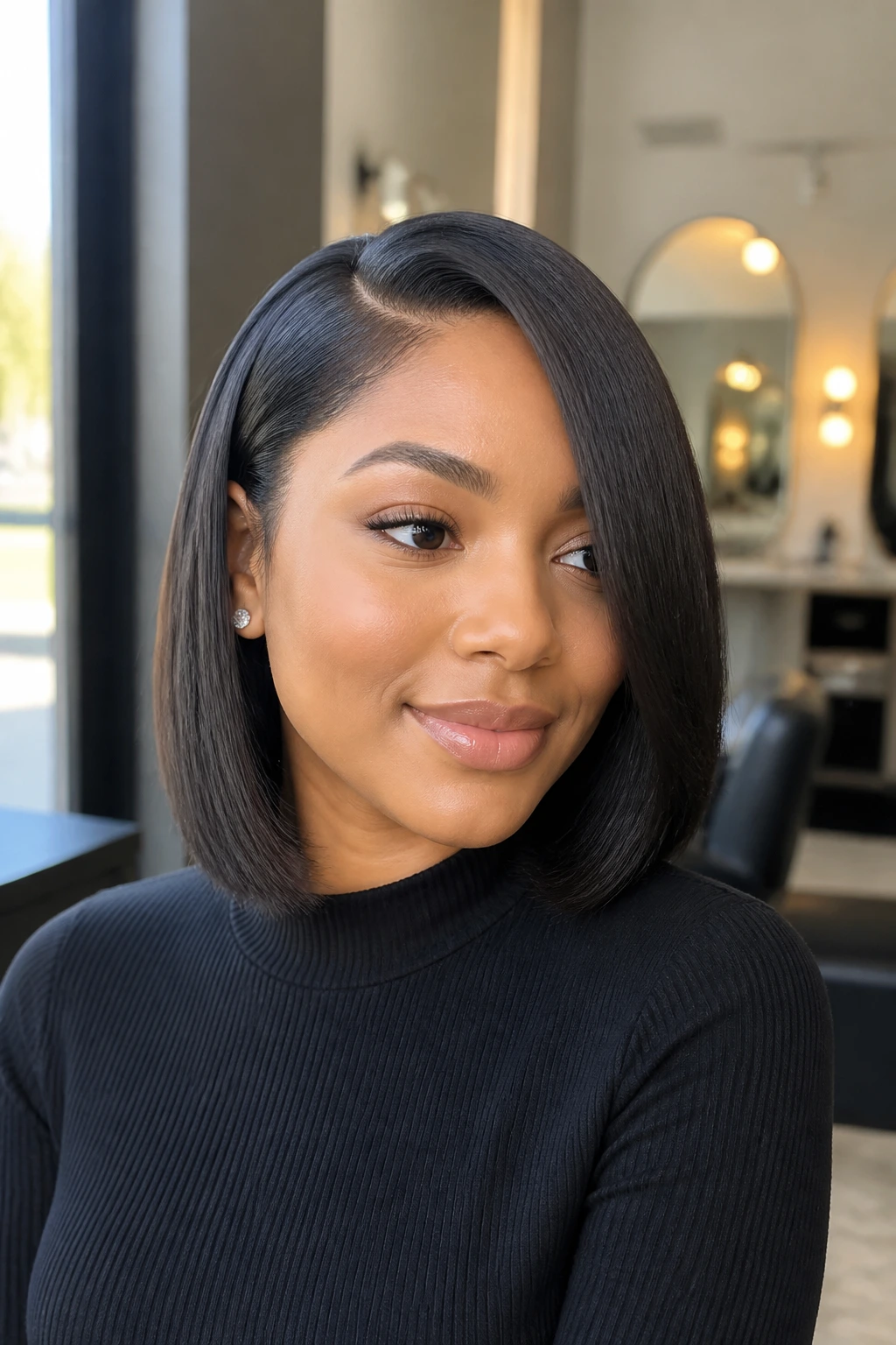 Woman with sleek silk-pressed lob in modern salon