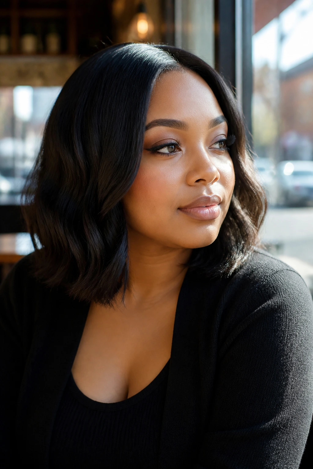 Close-up portrait of a woman with a silk pressed lob and soft waves in cafe window light