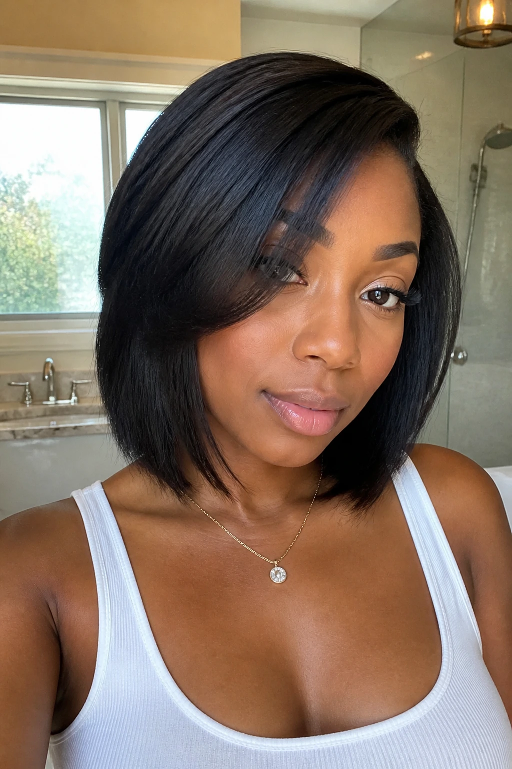 Portrait of a Black woman with a silk-pressed textured lob and sharp outline