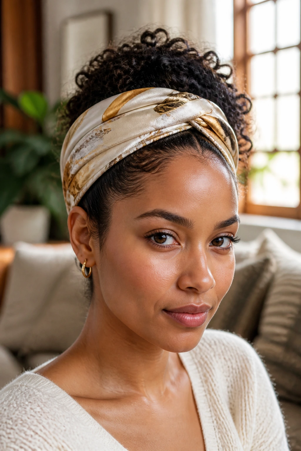 Woman with silk scarf crown wrap styling around hairline on thick curls