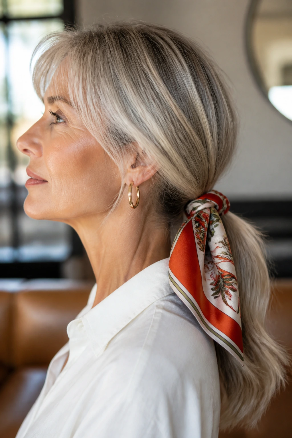 Side-profile of a real woman with a silk scarf around a low ponytail