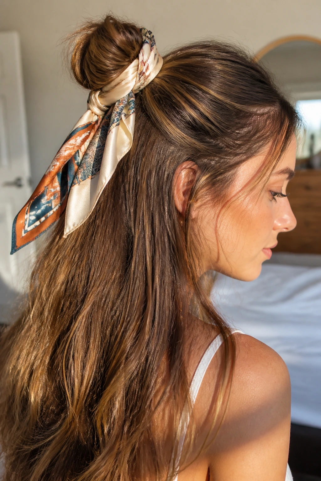 Close-up of real woman wearing silk scarf half-up hairstyle.