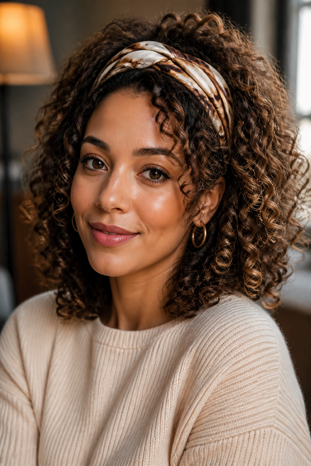 Close-up of a real woman wearing a silk scarf headband tucked behind the hairline with a side part.
