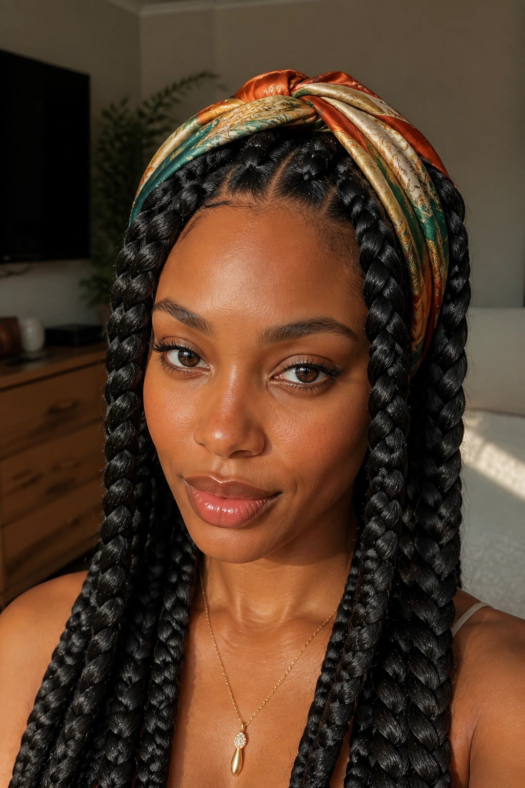 Portrait of silk scarf jumbo braids framing the face.