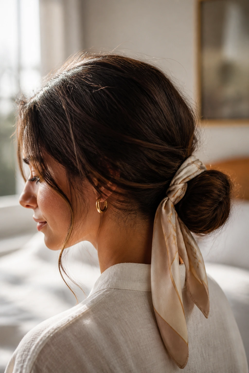 Close-up of a real woman with a silk scarf wrapped around a low bun in warm morning light.