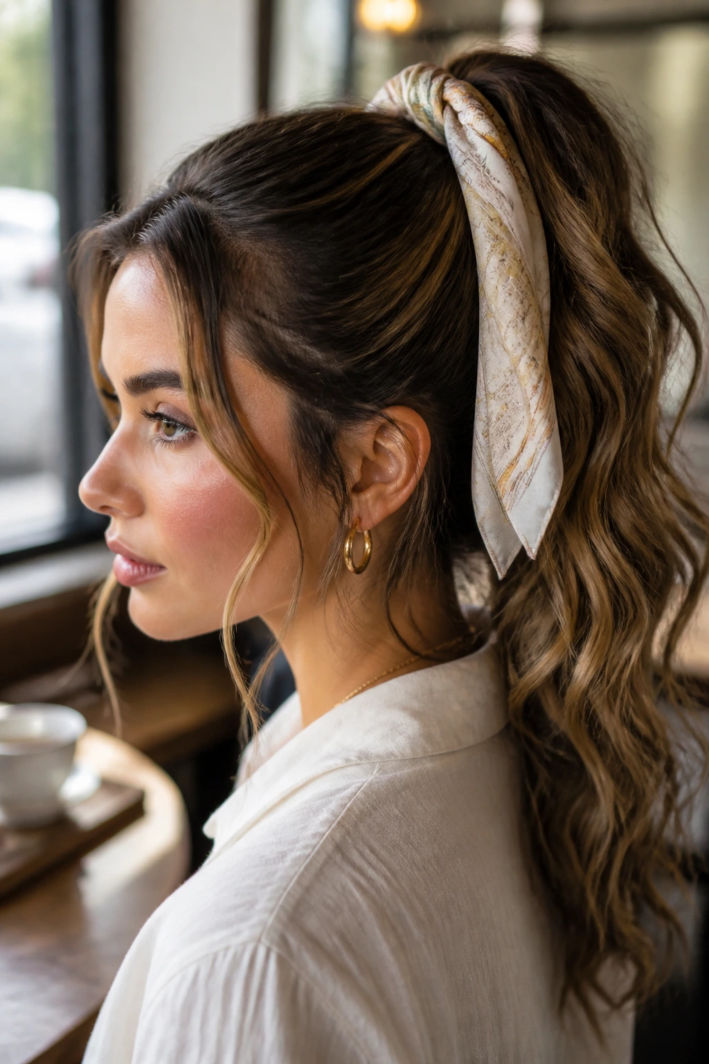 Close-up portrait with silk scarf ponytail and soft waves
