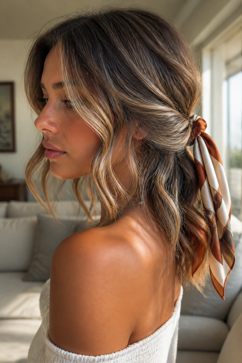 Close-up portrait of a real woman with a silk scarf tie-back and beachy waves
