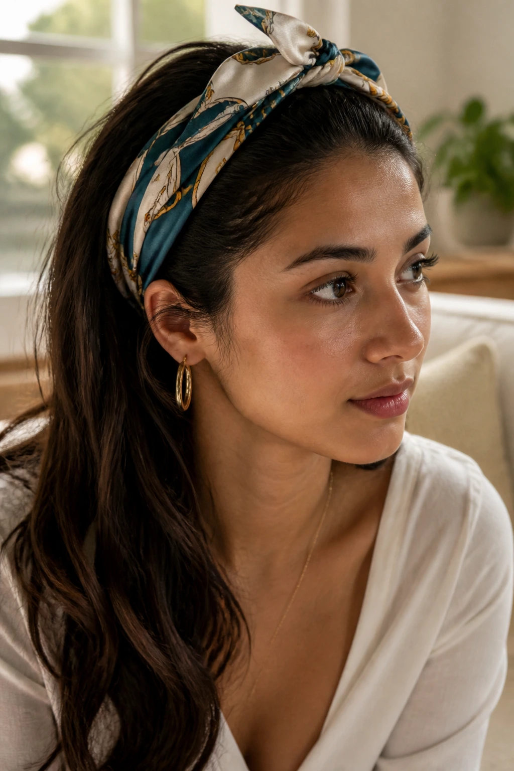 Portrait of a woman wearing a silk scarf tied back, front pulled, hair down
