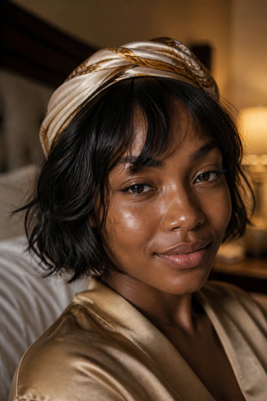 Close-up of a Black woman with a silk scarf wrap on her hair