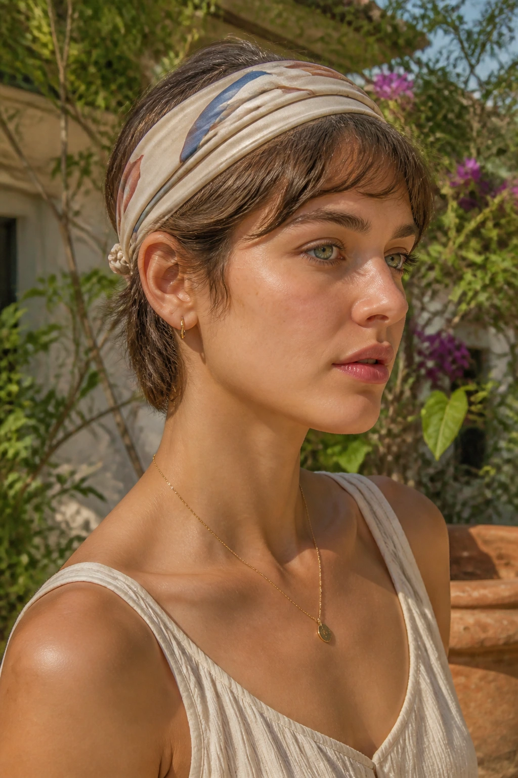 Real person with short hair peeking from beneath a silk scarf wrap
