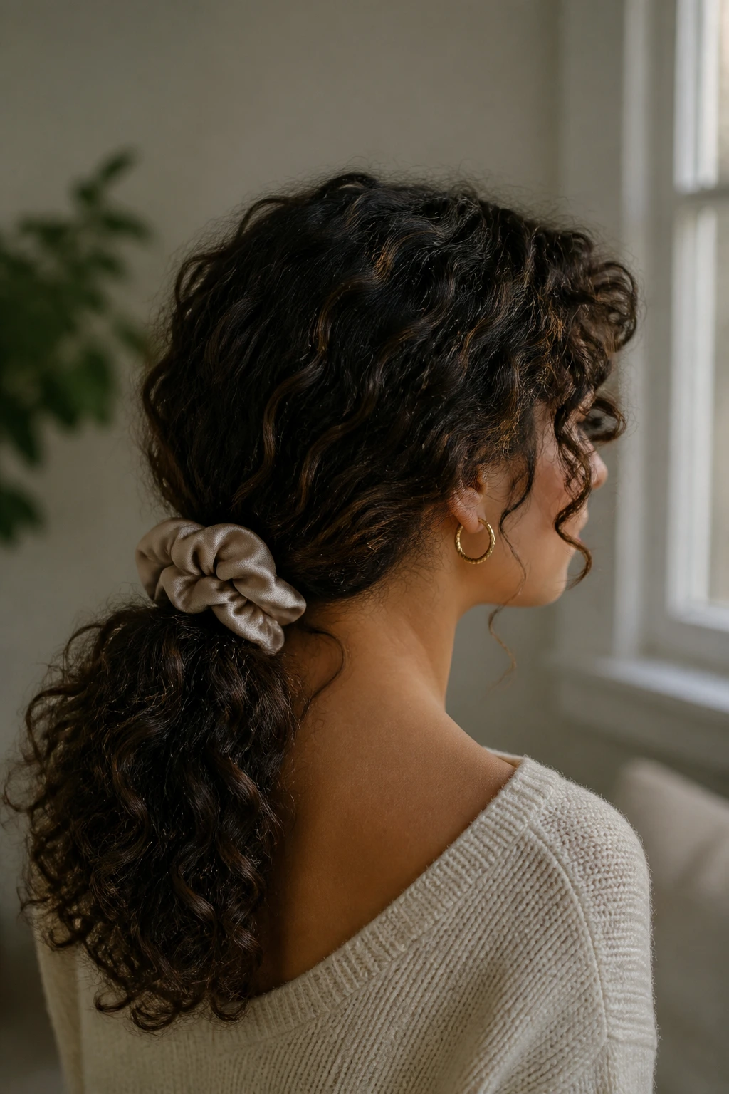 Portrait of a real woman with a silk-scrunchie nape ponytail.