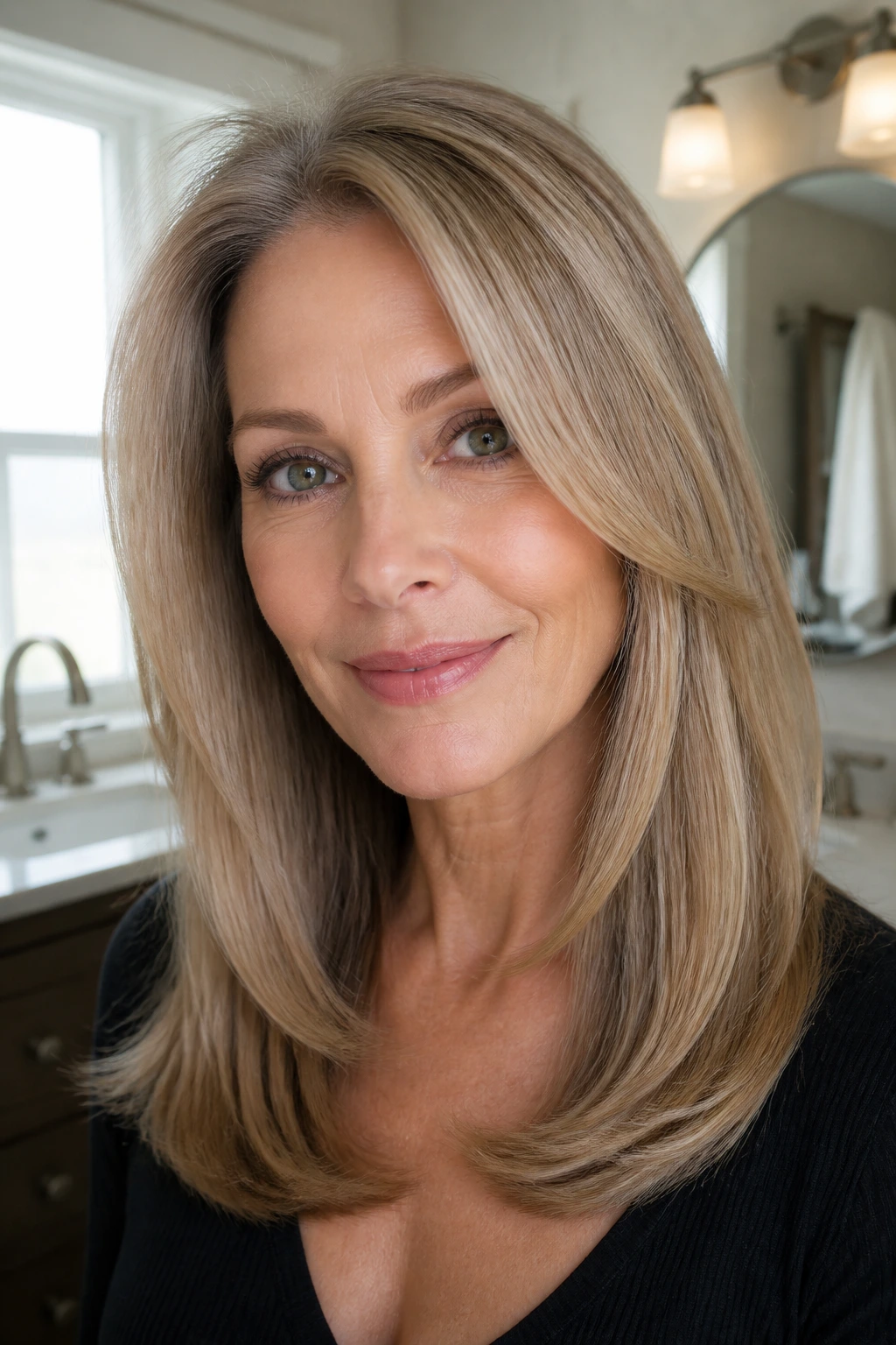 Close-up of a real woman with silky straight layered hair and a gentle bend at the ends in warm window light
