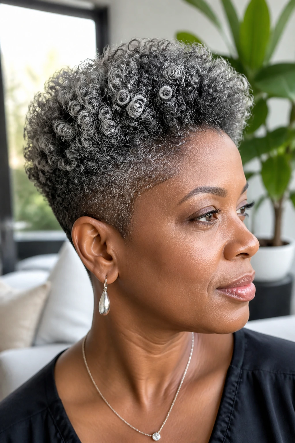 Close-up portrait of a real person with silver ash balayage on a tapered fro