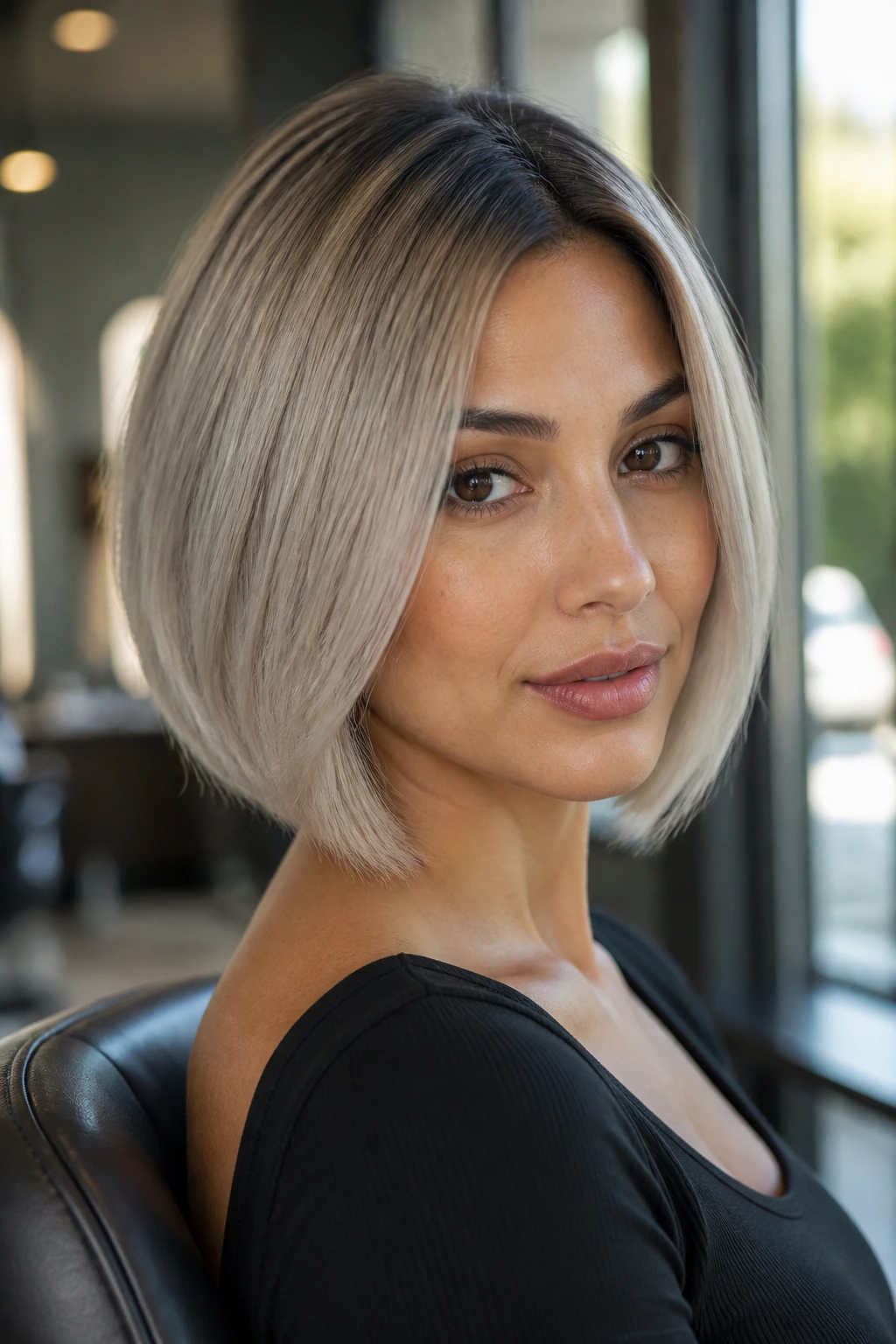 Close-up of olive-skinned woman with toned-down silver ash bob.