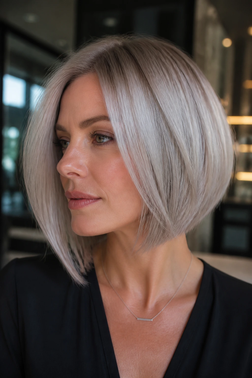 Real woman with a sleek angled bob in silver ash