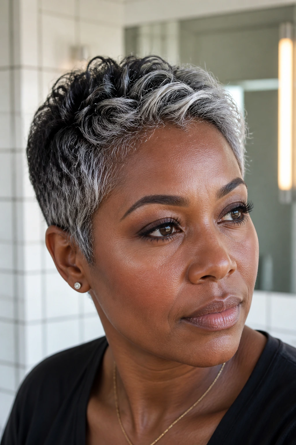 Close-up of a real woman with a silver-threaded pixie cut