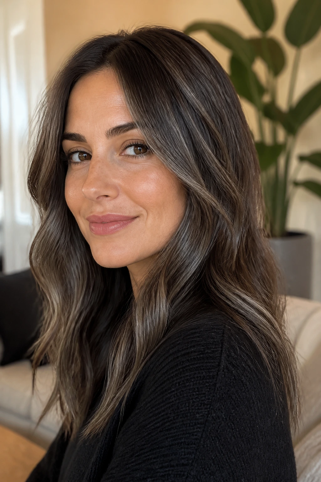 Brunette with delicate silver babylights, close-up