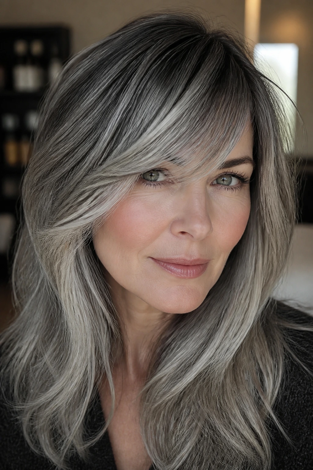 Close-up of long layered hair with silver balayage and side-swept bangs on a real person.