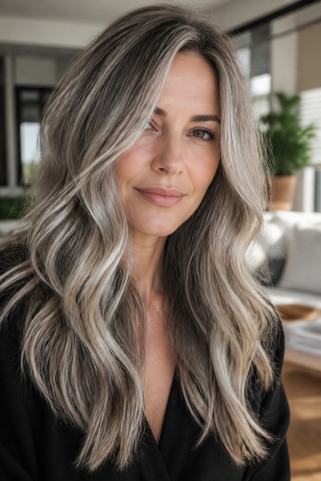 Real person with silver balayage on long layered hair and loose waves