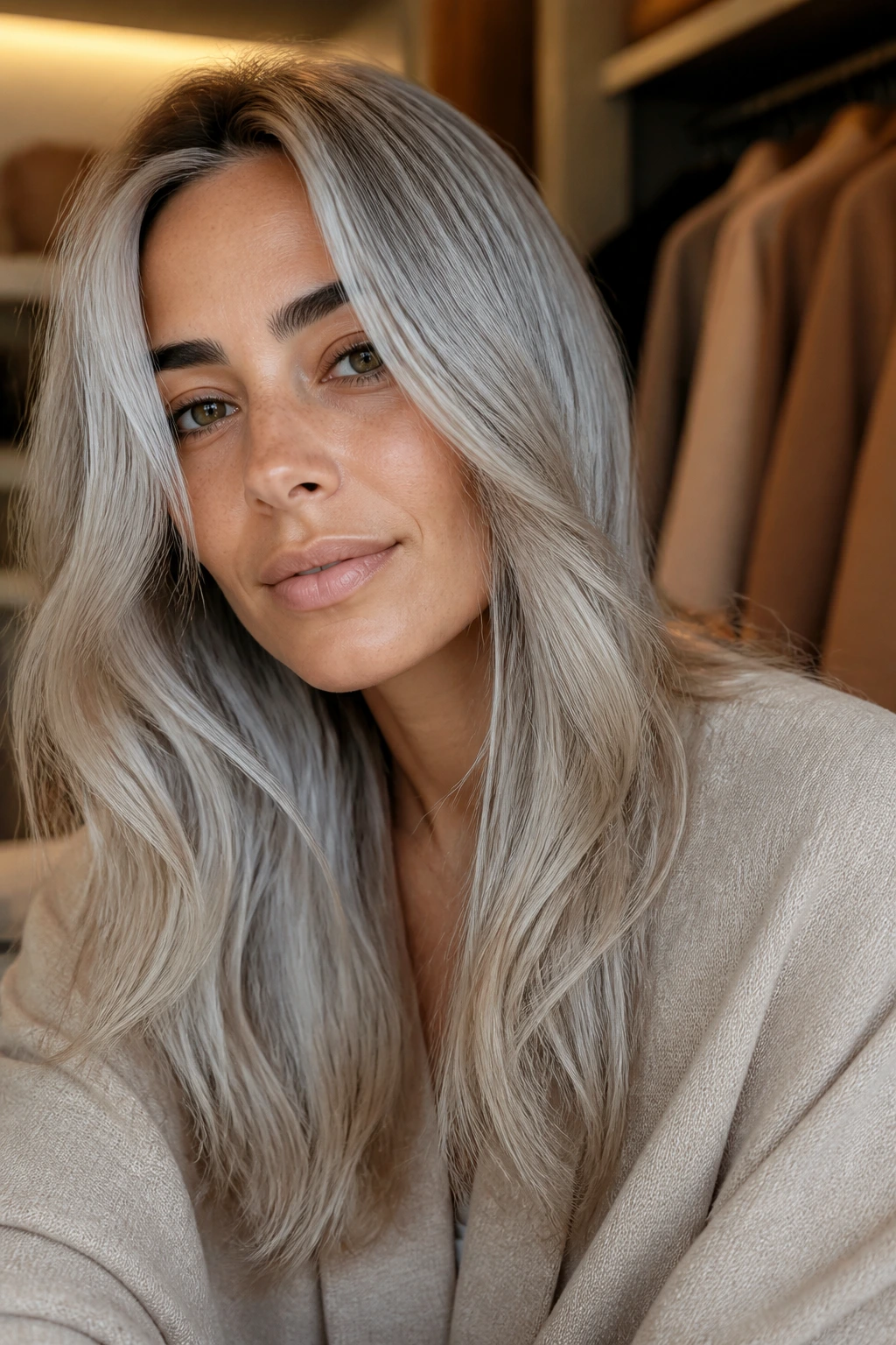 Close-up of a real woman with silver-beige hair blend