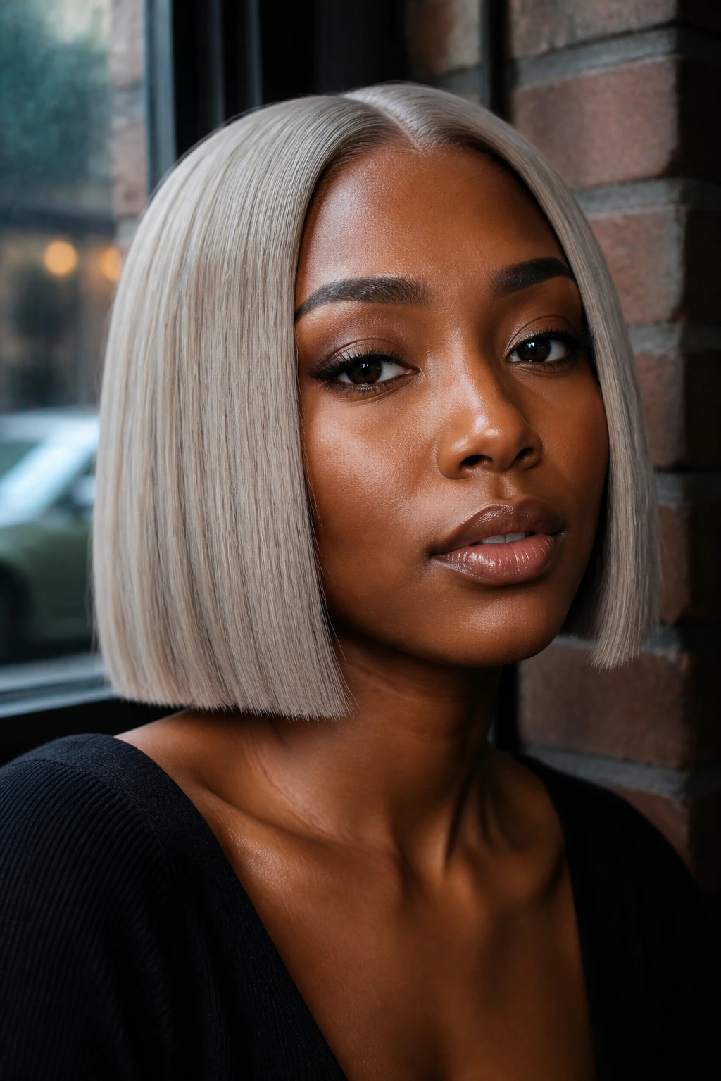 Close-up of a real woman with a silver-beige blunt bob in natural daylight.
