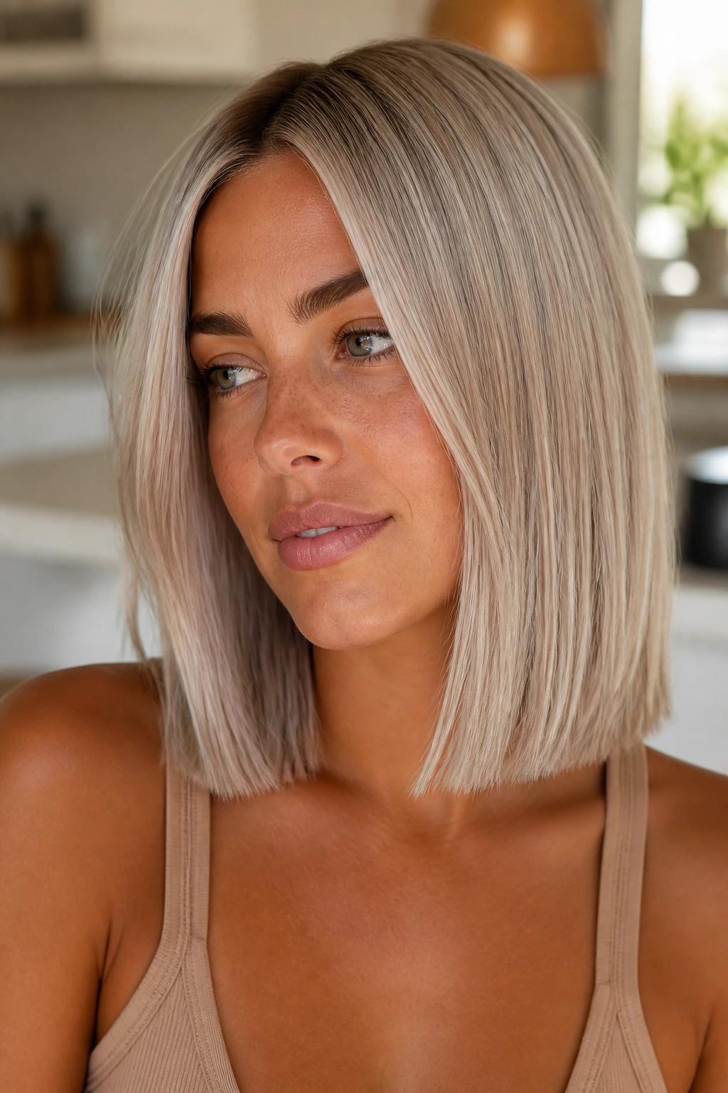 Portrait of a real woman with silver-beige blunt midi hairstyle