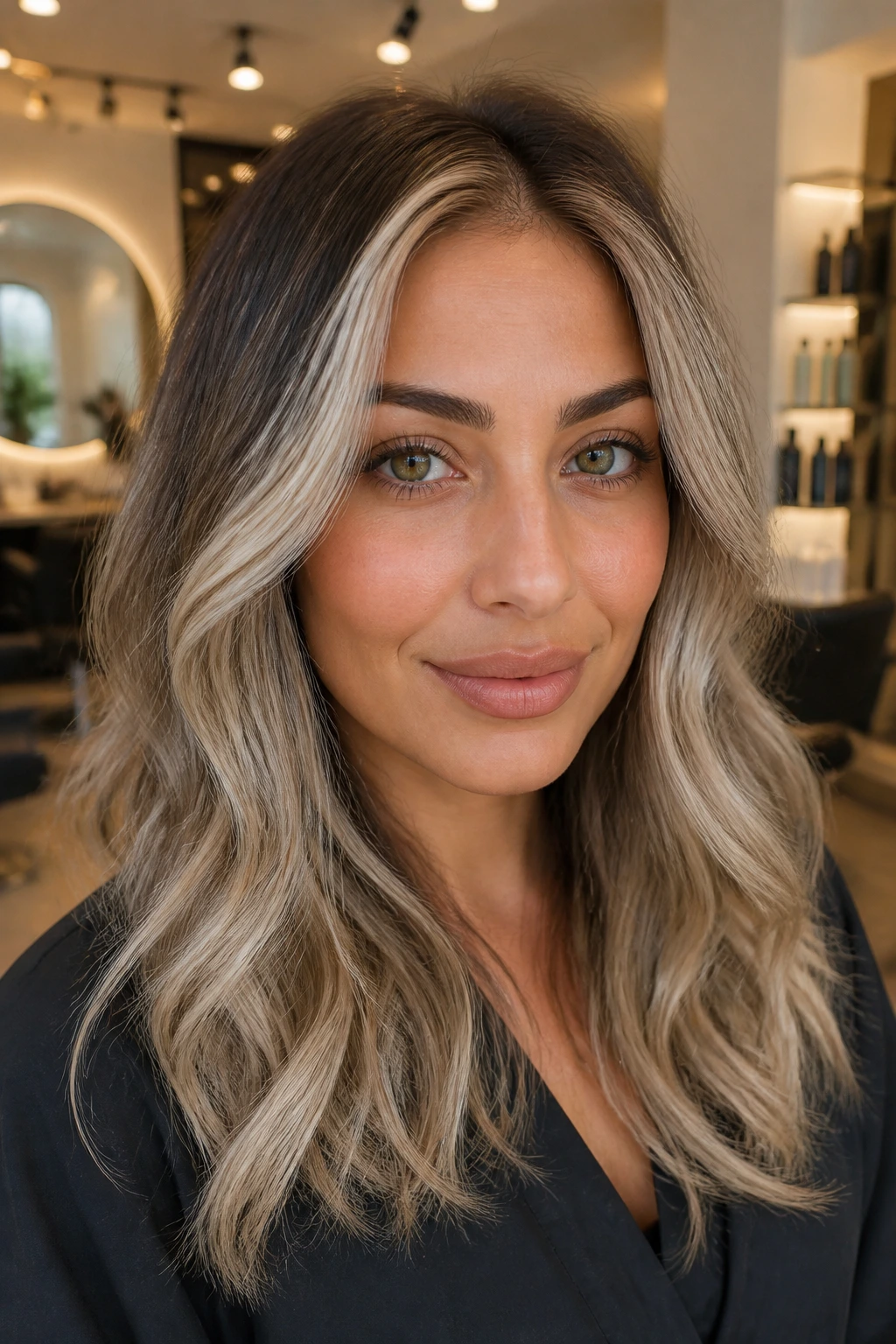 Close-up portrait of a real woman with silver-beige face frame and darker underneath roots
