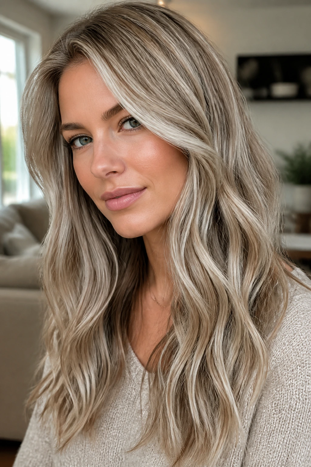 Close-up portrait of a real woman with silver-beige ribbon-light highlights woven into cool beige blonde hair