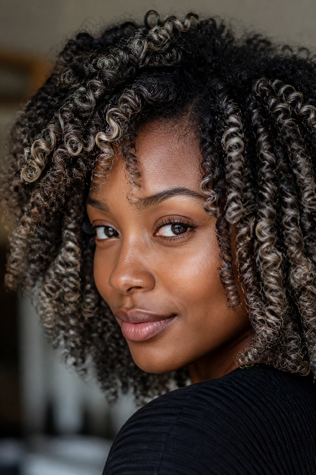 Close-up of dark coils with silver-beige highlights