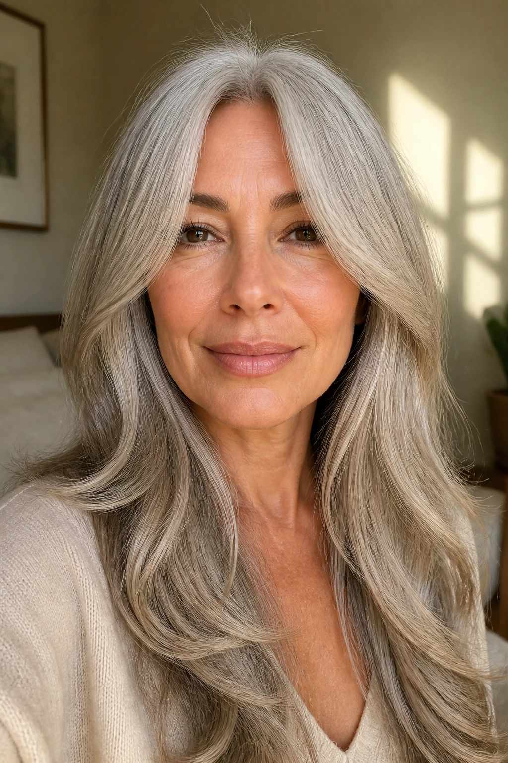 Portrait of a real woman with long silver-beige grey hair and soft layers