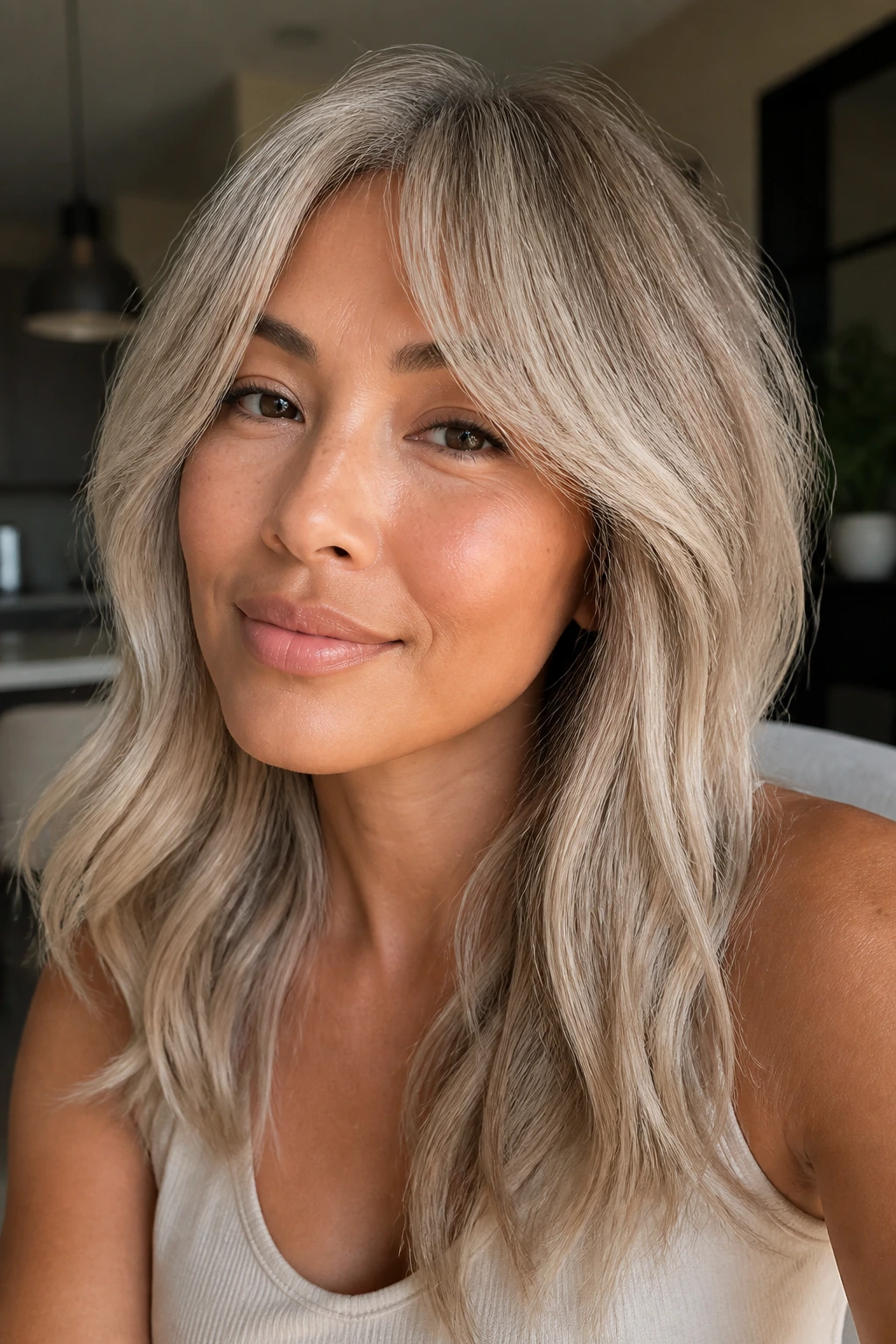 Close-up of a woman with silver beige melt and soft curtain bangs