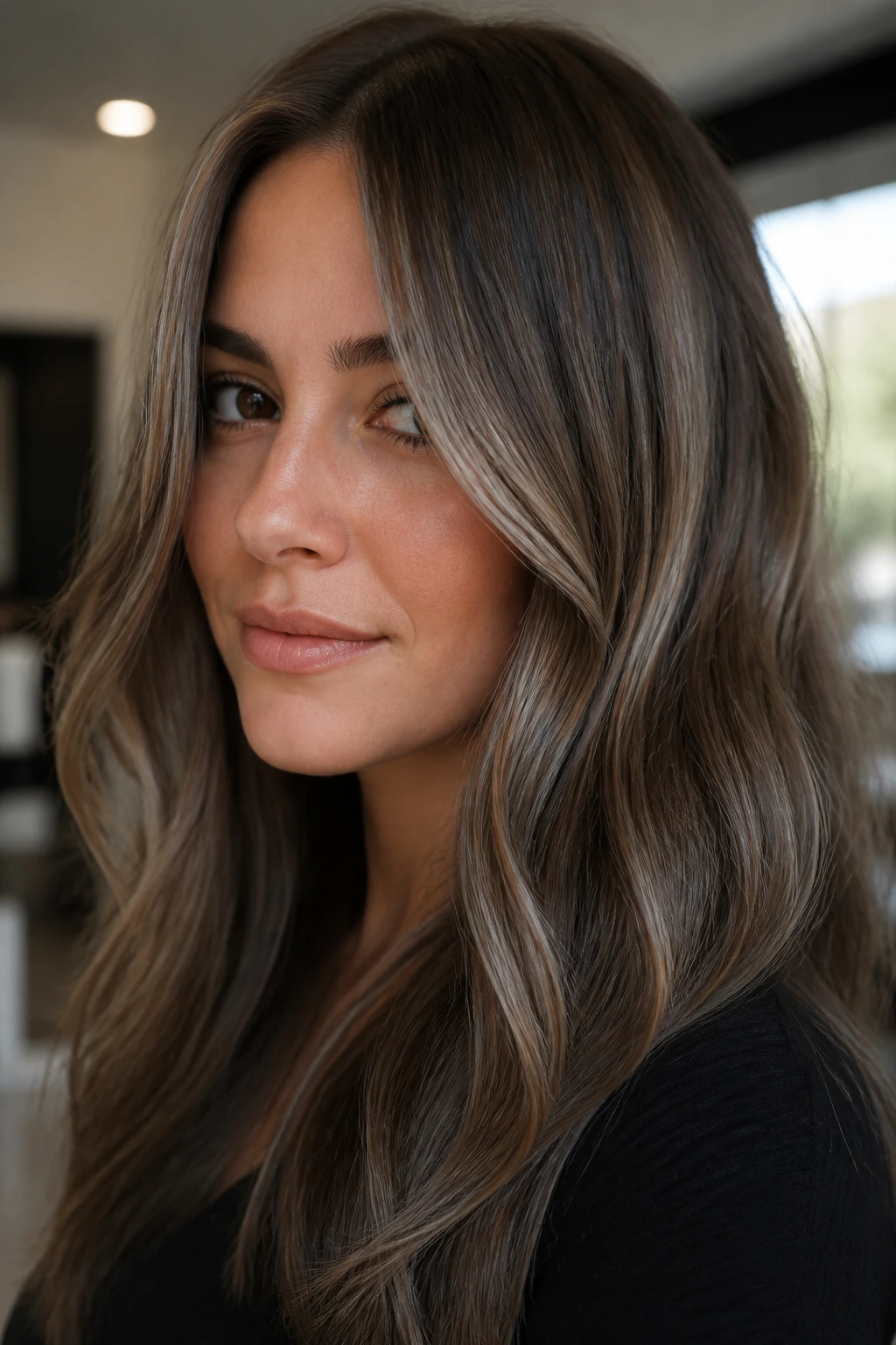 Medium brunette with silver beige ribbon highlights close-up portrait
