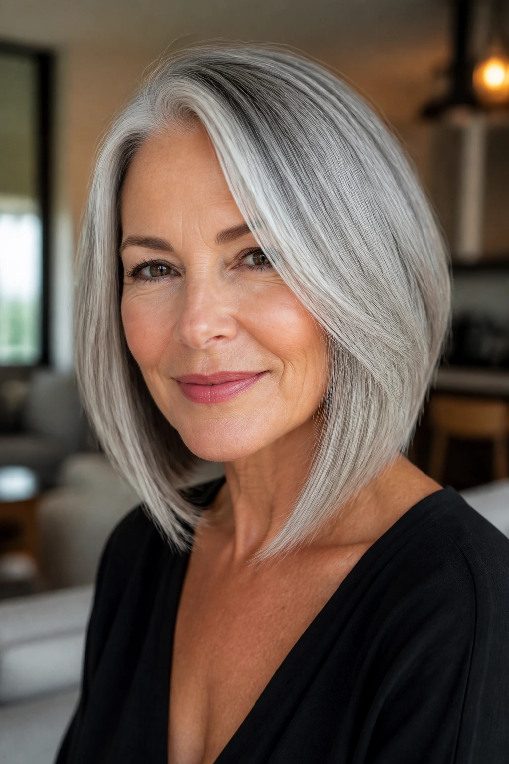 Close-up of a real woman with a silver-blend angled lob in window light
