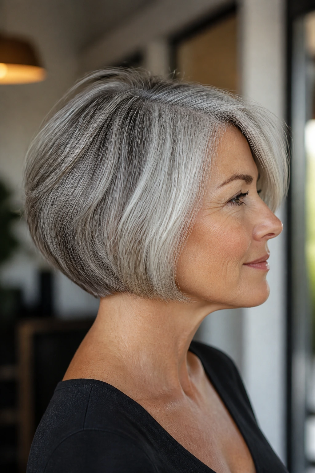 Portrait of a real woman with a silver-blend bob