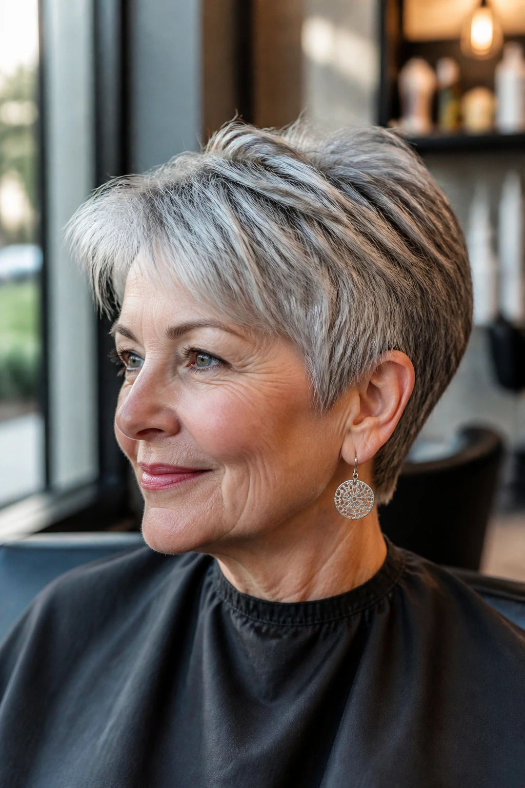 Close-up portrait of a real woman with a silver-blend crop showing color variation and glossy ends.